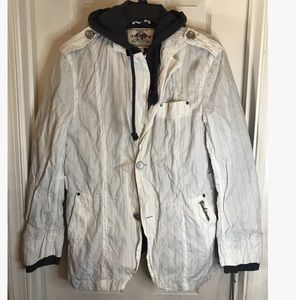 YISHON collection Men’s Jacket W/Hoodie Pinstripes Buttons M Zipper